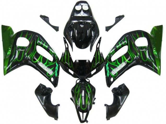 1998-2002 Black Green Flame Yamaha YZF R6 Motorbike Fairing Kits UK Factory 1998-2002 Black Green Flame Yamaha YZF R6 Motorbike Fairing Kits UK Factory