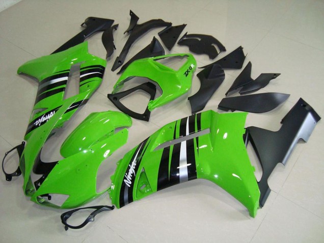 2007-2008 Green and Silver Stripe Kawasaki ZX6R Motorcycle Fairings Kits UK Factory 2007-2008 Green and Silver Stripe Kawasaki ZX6R Motorcycle Fairings Kits UK Factory