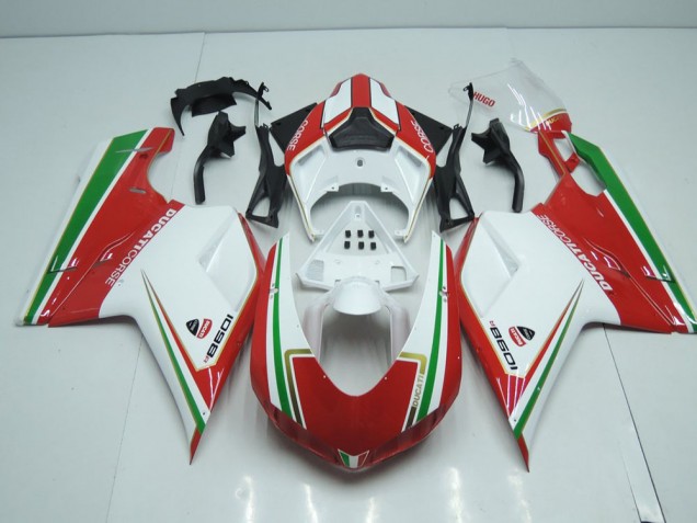 2007-2014 White and Red with Green Stripe Ducati 848 1098 1198 Motorcylce Fairings UK Factory