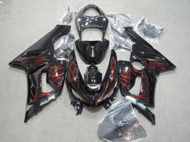 2005-2006 Black Red Flame Kawasaki ZX6R Moto Fairings UK Factory 2005-2006 Black Red Flame Kawasaki ZX6R Moto Fairings UK Factory