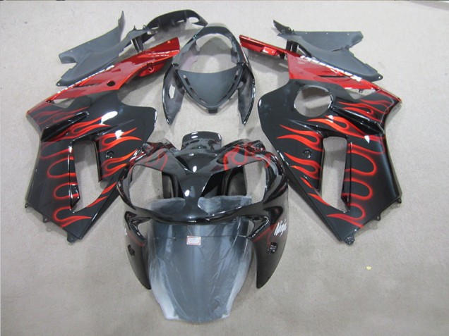 2007-2008 Black Red Flame Kawasaki ZX6R Replacement Fairings UK Factory 2007-2008 Black Red Flame Kawasaki ZX6R Replacement Fairings UK Factory